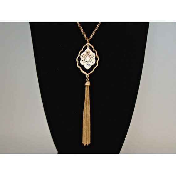 Oh So Fancy Detailed Long Tassle Necklace Gold Si… - image 2