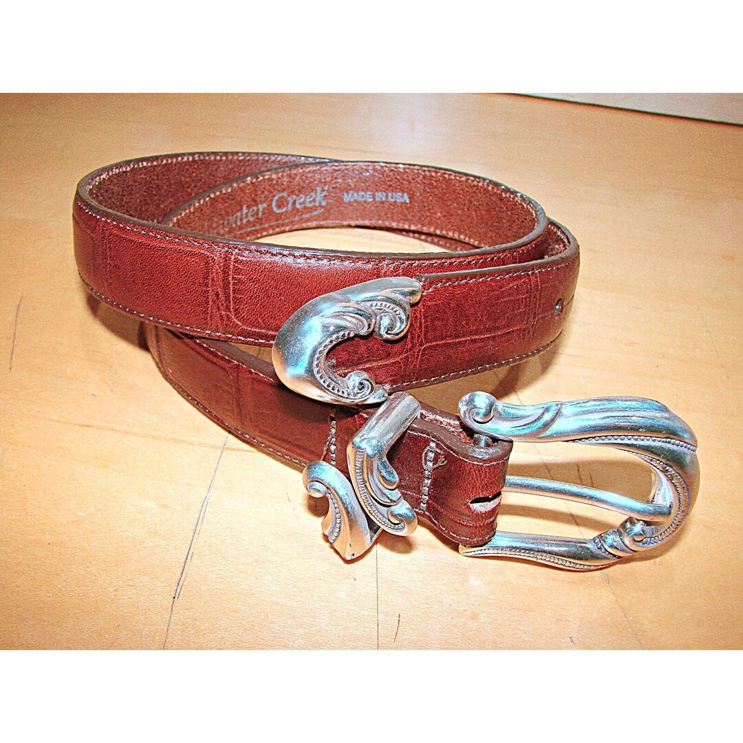 Coldwater Creek Womens Leather Belt Brown Croc Print Silver Scroll Buckle Size M Etsy