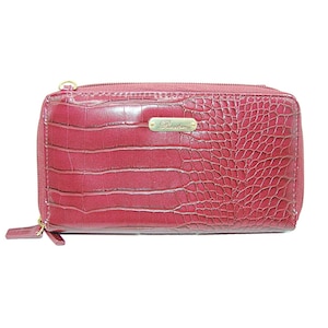 Cartera Buxton Borgoña Compartimentos con doble cremallera Monedero con diseño de cocodrilo Ranuras para tarjetas de identificación