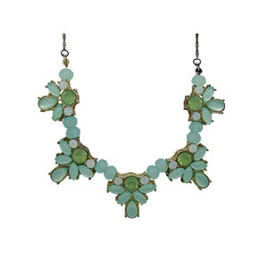 Vintage Floral Greens Chunky Statement Necklace Gold Tone Mint, Seafoam Peridot