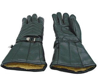 May include: A pair of black leather gloves with a fleece lining. The gloves have a buckle on the wrist and a quilted design.