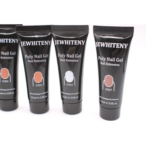 May include: A selection of black tubes of JEWHITENY Poly Nail Gel Nail Extension are shown. Each tube features a different colour swatch and code: F305, F302, and F307. The tubes contain 15ml or 0.53 fl oz of gel.