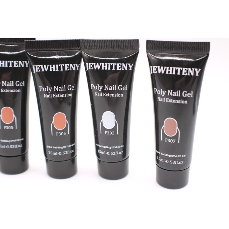 May include: A selection of black tubes of JEWHITENY Poly Nail Gel Nail Extension are shown. Each tube features a different colour swatch and code: F305, F302, and F307. The tubes contain 15ml or 0.53 fl oz of gel.