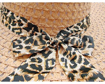 Large Beige Leopard Bow Floppy Wide Brim Sun Hat Black Band  display picture 2