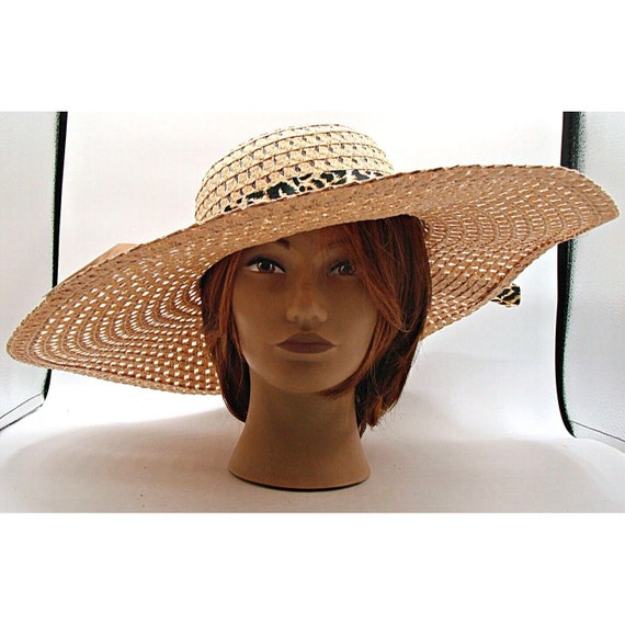 Beige Wide Brim paper Sun Hat with Leopard Bow Leopard Wide Brim Foldable Sun Hat – Amelia Rose Accessories main image 3