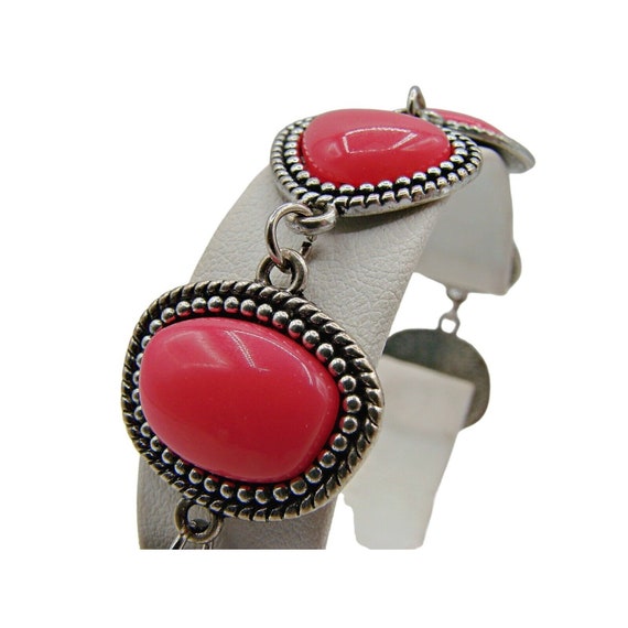 Bright Hot Pink Cabochon Stone Bracelet Silver To… - image 2