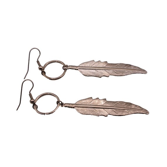 Feather Dangle Drop Earrings Silver Tone Native A… - image 3