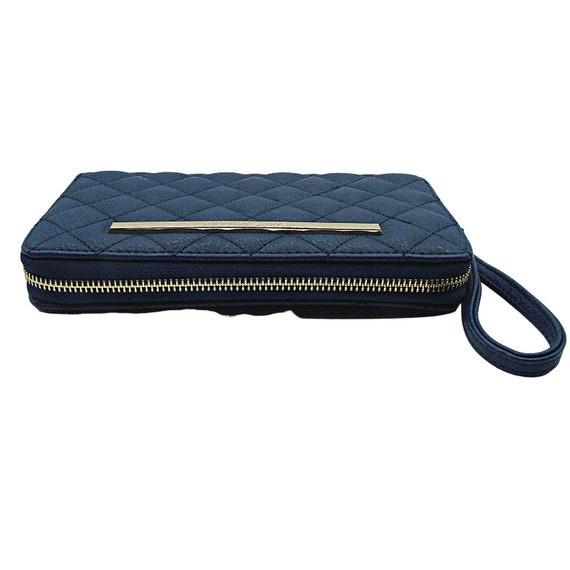 Steve Madden Wristlet Wallet Full Zip Around Navy Blue Quilted