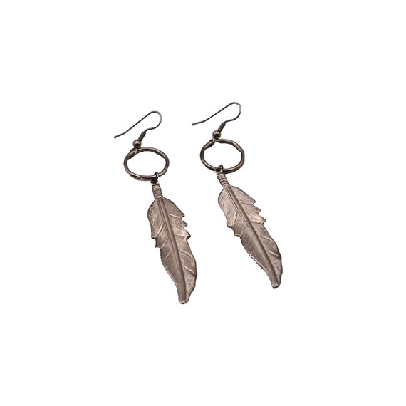Feather Dangle Drop Earrings Silver Tone Native A… - image 4