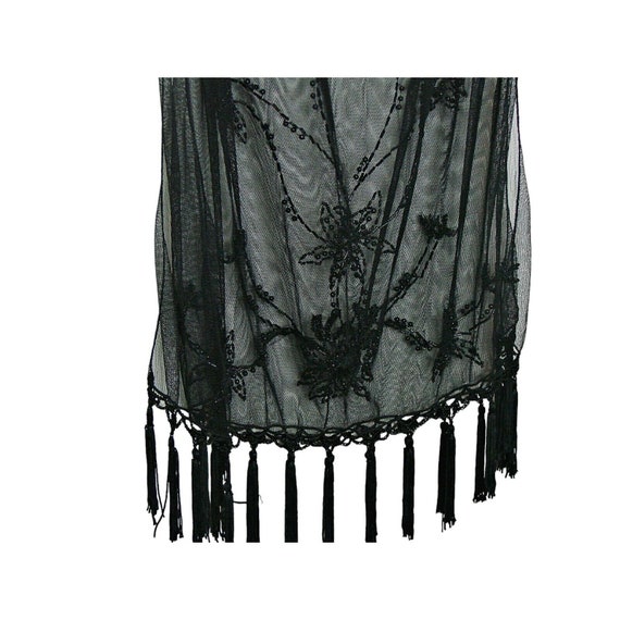 Womens Black Tulle Embroidered Floral Bead Fringe… - image 3