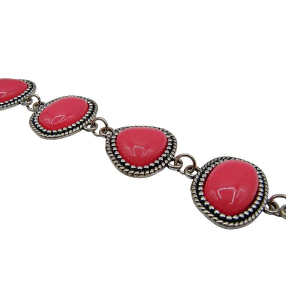 Bright Hot Pink Cabochon Stone Bracelet Silver To… - image 7
