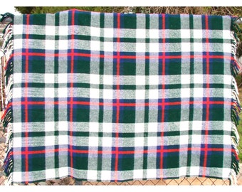 Plaid Wool Blend Blanket Throw Fringe 58x52" Vintage Bright Green Red Blue Warm
