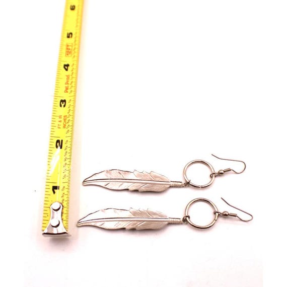 Feather Dangle Drop Earrings Silver Tone Native A… - image 7