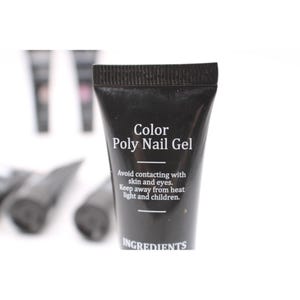 May include: A black tube of Color Poly Nail Gel. The tube has white text that reads "Avoid contacting with skin and eyes. Keep away from heat light and children." The word "INGREDIENTS" is also printed on the tube.