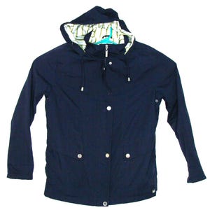 May include: A navy blue hooded jacket with a zipper closure and button accents. The hood has a white and yellow striped lining.
