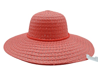 Pink Wide Brim Straw Sun Hat Bead Band Beach Gardening Derby Church Salmon Color