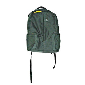 May include: A dark green backpack with a black zipper and a small black logo on the front. The backpack has adjustable straps and a small pocket on the front.