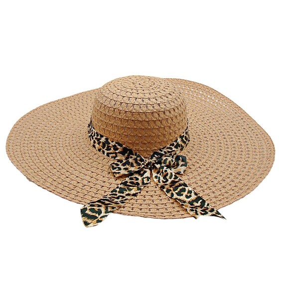Beige Wide Brim paper Sun Hat with Leopard Bow Leopard Wide Brim Foldable Sun Hat – Amelia Rose Accessories main image 2