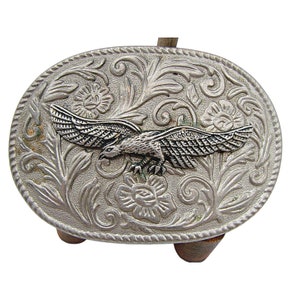 Vintage American Flying Eagle Silver Embossed Floral Scroll Belt Buckle 3x2&quot;