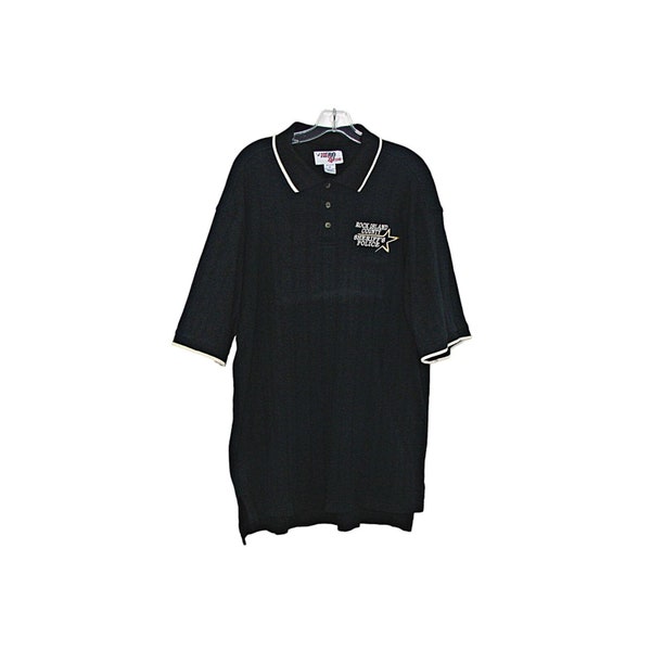 Mens Black Rock Island County IL Logo 3 Button Polo Shirt Size XL Hero 24/7 Flaw