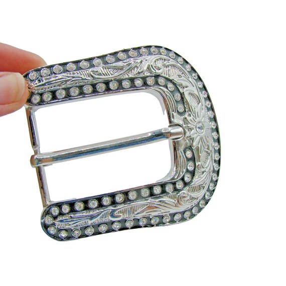 Embellished Rhinestone Floral Belt Buckle- Black and Silver Rhinestone Crystal Belt Buckle Antique Oval Floral Engraved  main image 3