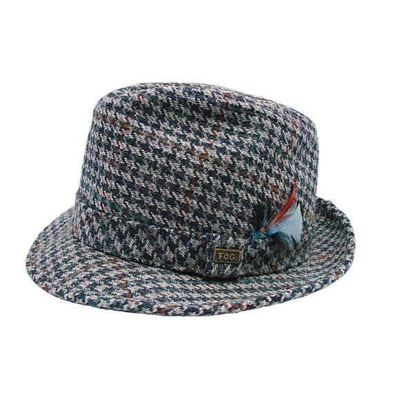 London Fog Fedora Hat Multicolor Gray Plaid Feath… - image 1