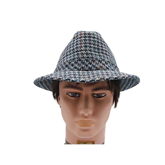 London Fog Fedora Hat Multicolor Gray Plaid Feath… - image 6