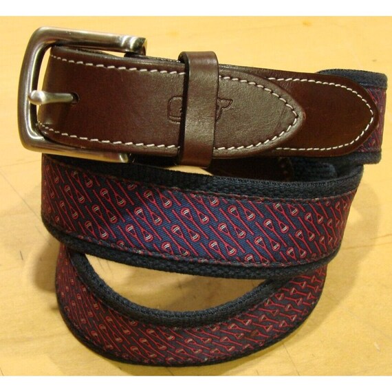 Vineyard Vines Mens Brown Whale Logo Leather Trim Canvas Club Belt
