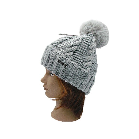 Michael Kors Knit Beanie Hat: Gray Faux Fur Pom-pom - Etsy