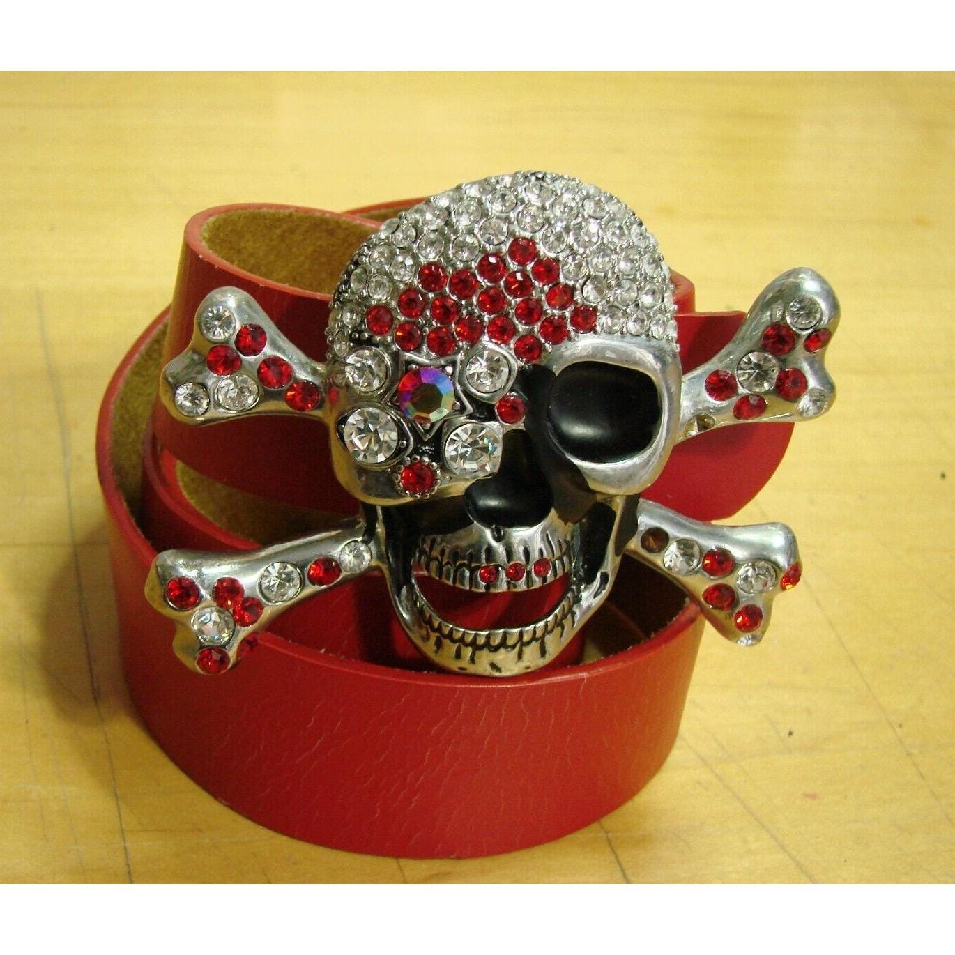 Rhinestone Skull Cross Bone Buckle Red Leather Belt Size XL 42-44 Punk Goth Rock vogueteen Mens Goth Skull Cross Vintage Red Genuine Leather  main image 4