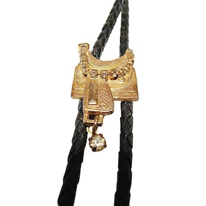 Saddle Bolo Tie with Rhinestones Gold Tone Brass Tips Black Leather Neck Rope