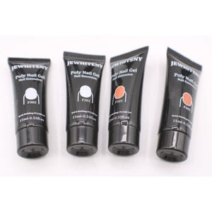 May include: Four black tubes of "JEWHITENY Poly Nail Gel Nail Extension" are shown. Two tubes have a white circle with "F302" and two have an orange circle with "F305". Each tube contains 15ml - 0.53fl.oz.