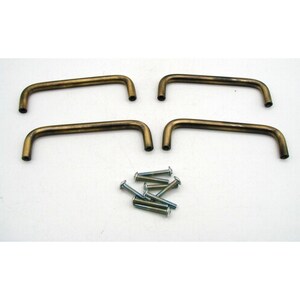 May include: Four antique brass-colored cabinet pulls with a curved, rectangular design. The pulls are accompanied by a collection of silver screws, suggesting they are ready for installation. The hardware is ideal for furniture restoration or new builds.