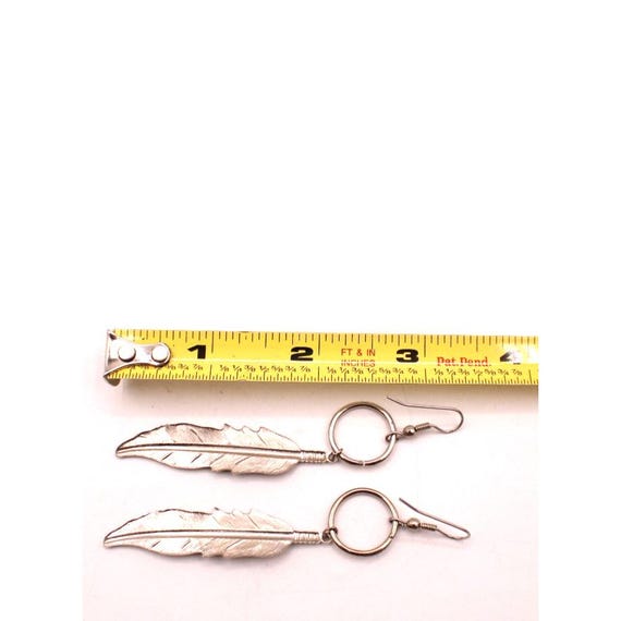Feather Dangle Drop Earrings Silver Tone Native A… - image 6