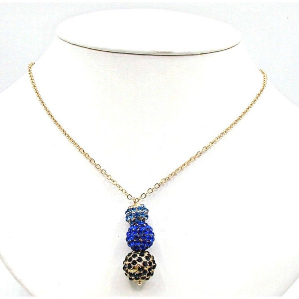 Three Ball Blue Black Rhinestone Pendant Necklace Gold Tone Disco Crafts Jewelry