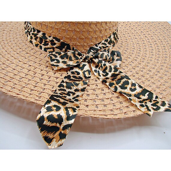 Beige Wide Brim paper Sun Hat with Leopard Bow Leopard Wide Brim Foldable Sun Hat – Amelia Rose Accessories main image 4