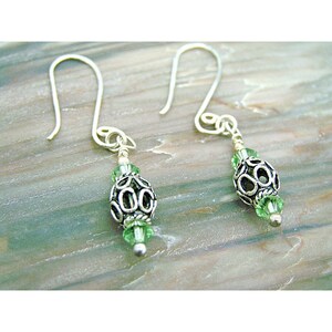 Fat Dog Silver Beads & Swarovski Peridot Green Crystals Drop Dangle Earrings