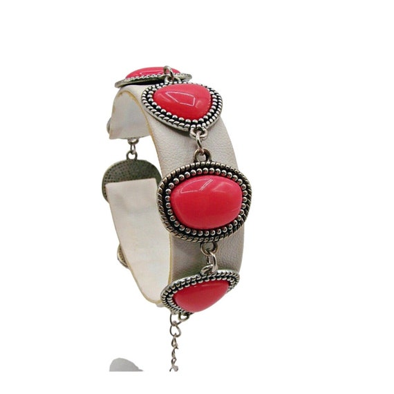 Bright Hot Pink Cabochon Stone Bracelet Silver To… - image 1