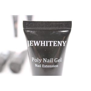 May include: A black tube of "JEWHITENY" Poly Nail Gel for nail extensions. The tube has a ribbed cap and white text. The background is white, with other tubes slightly visible.