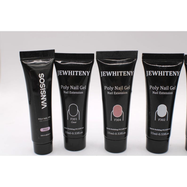 May include: A selection of black tubes of nail extension gel. The tubes are labelled with the brand names "VANSISOS" and "JEWHITENY". Each tube contains 15ml of product. The tubes are labelled with the product name, colour, and other details.