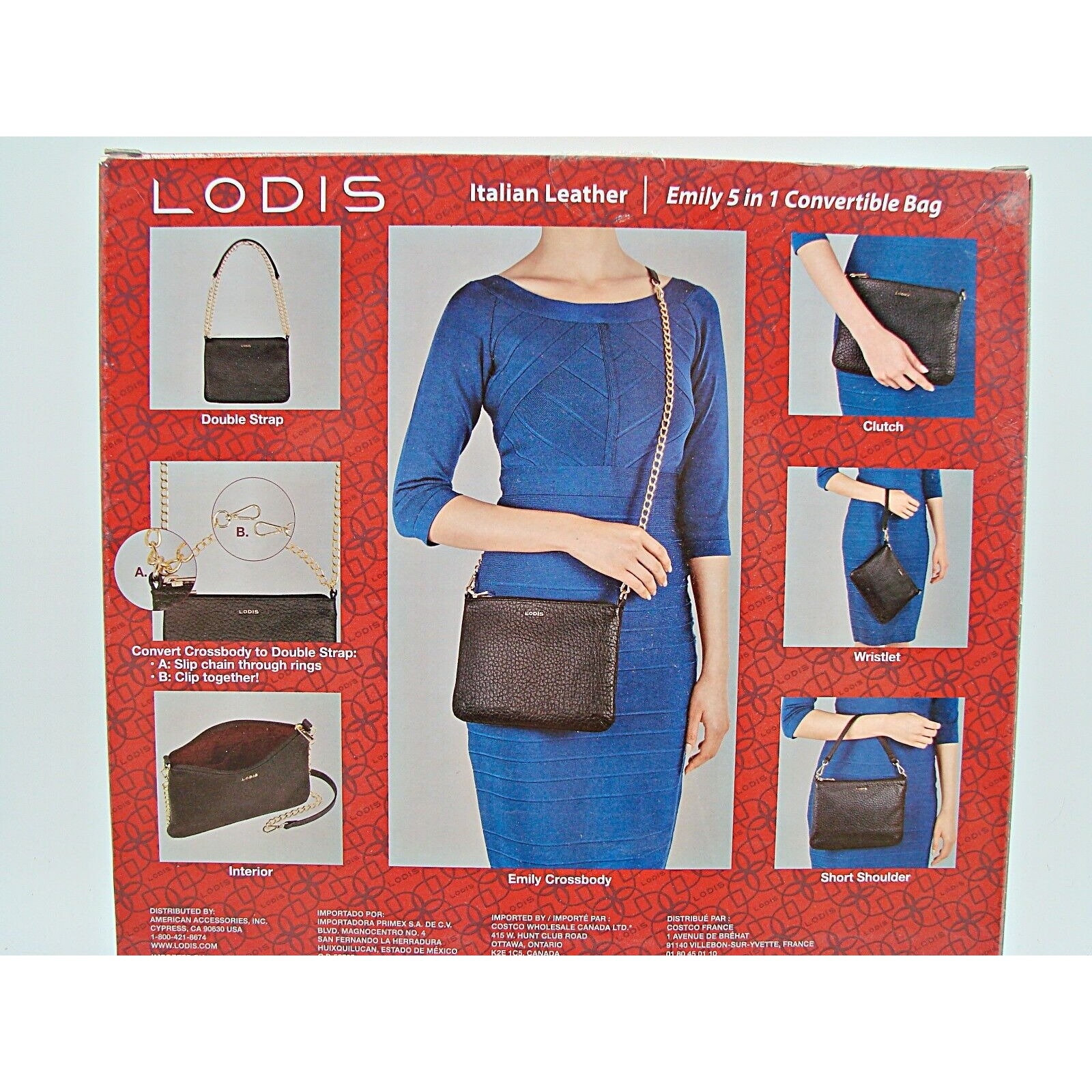 New Lodis Italian Leather Emily 5 in 1 Convertible Bag Purse Black Gold Hardware