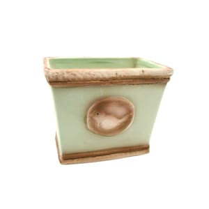 May include: A light green ceramic planter with a brown rim and a brown bird design. The planter has a square shape and is perfect for small plants.