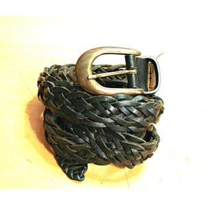 Dark Brown Black Woven Braided Leather Belt Womens M/L Brass Silver Hardware Vtg