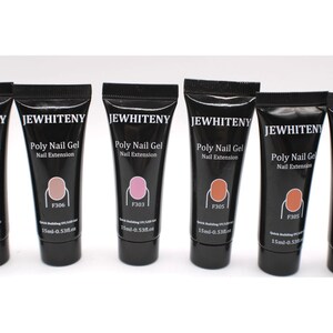 May include: A selection of black tubes of JEWHITENY Poly Nail Gel for nail extensions. The tubes display various gel colours, including pink and brown. Each tube is labelled with the product name and volume, 15ml-0.53fl.oz.