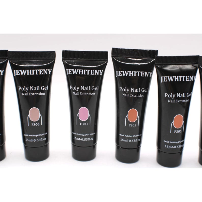 May include: A selection of black tubes of JEWHITENY Poly Nail Gel for nail extensions. The tubes display various gel colours, including pink and brown. Each tube is labelled with the product name and volume, 15ml-0.53fl.oz.