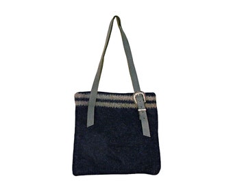 Homemade Handmade Womens Wool Shoulder Strap Tote Bag Navy Blue Decorative Silver Buckle