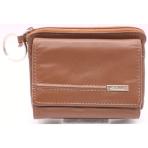 May include: A brown leather wallet with a key ring attached. The wallet has a zippered top and a small rectangular metal tag with the word "AMERY" on the front. The wallet is rectangular and has a small flap on the front.