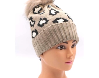 Gorro con pompón de leopardo PacSun de Pacific Sunwear, talla única, acrílico tostado/negro, nuevo