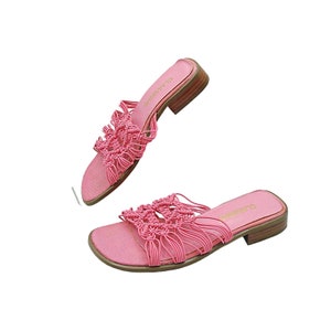 Vintage Classique Pink Square Toe Woven Laced Block Heel Sandals Womens Size 8M