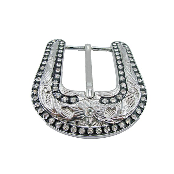 Rhinestone Floral Scroll Belt Buckle Western Rodeo Silver  display picture 2